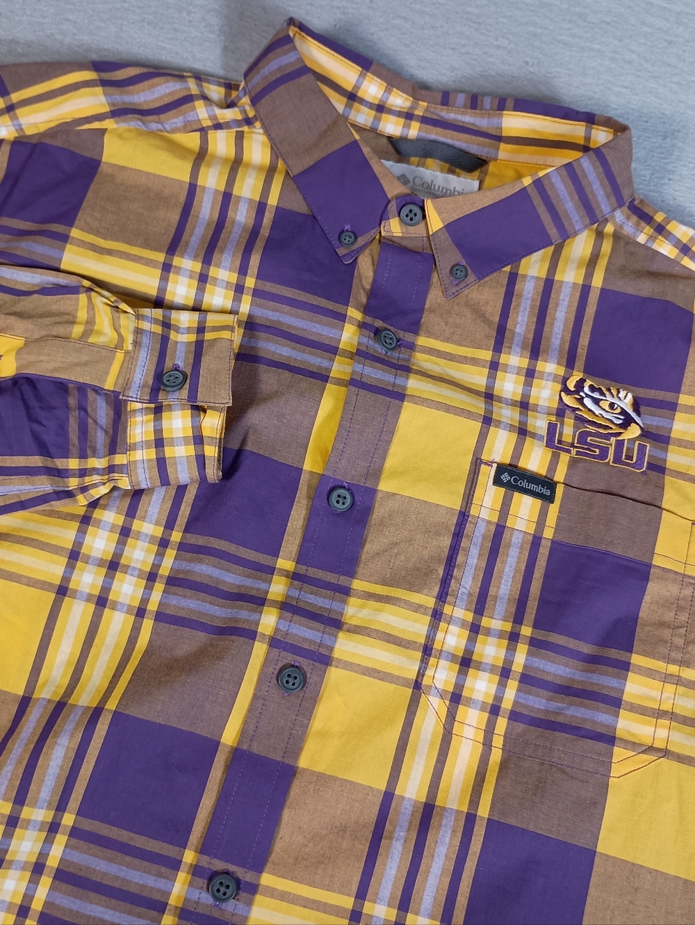 Columbia LSU Tigers Plaid Purple/Yellow Button Down Pocket Long Sleeve XL Shirt